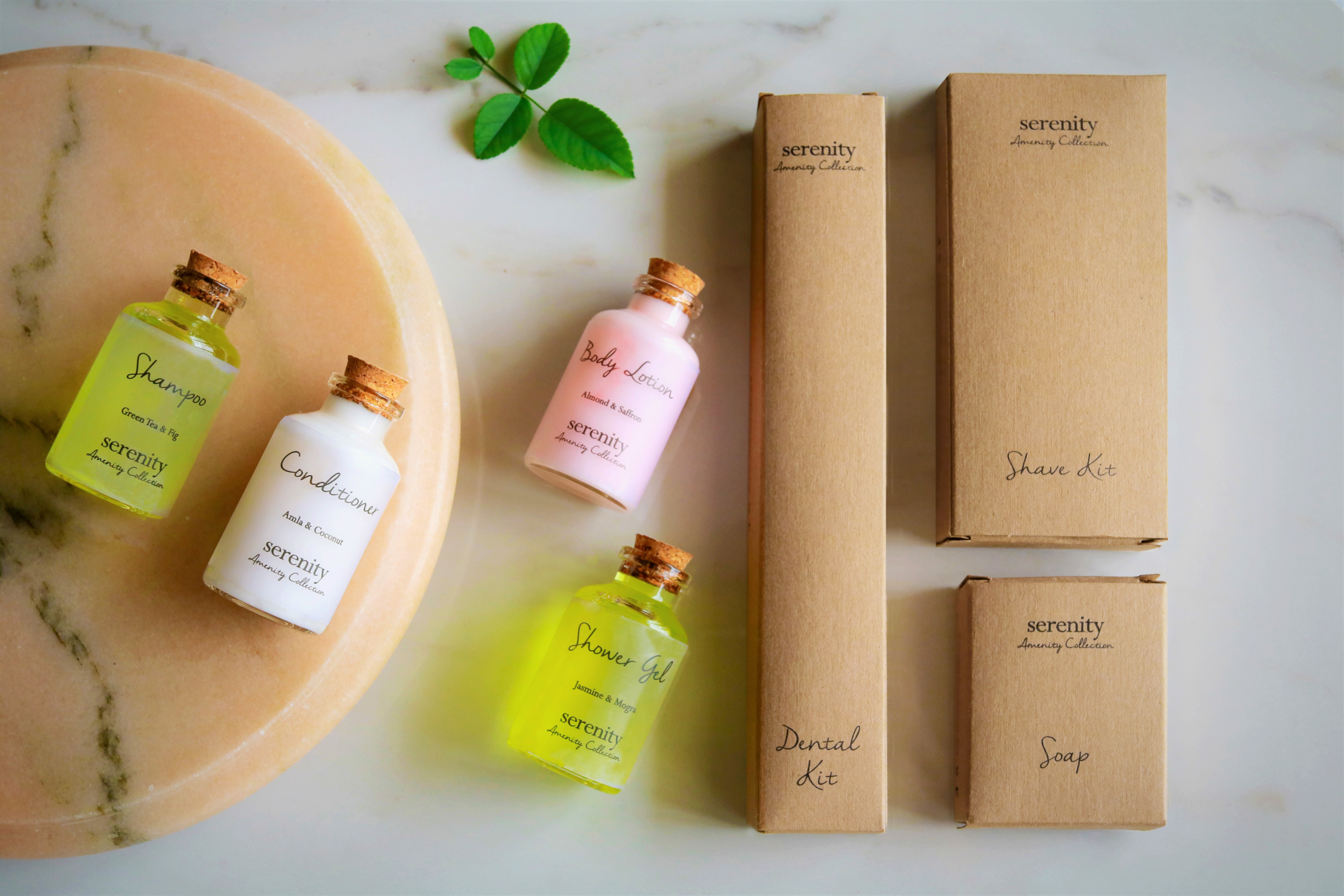 Assortment of bespoke amenities and toiletries for hotels